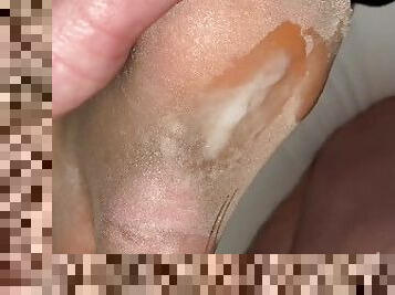 svær, strømpebukse, cumshot, føtter, cum, strømper, footjob, hvit, nylon, tær