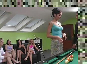 A lucky dude tries his best to satisfy six pretty chicks indoors