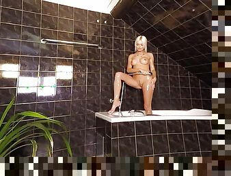 Solo blonde with big tits,Lena Love masturbating in bathroom,in VR.