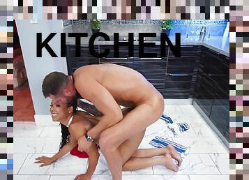 Kira Noir sucks white cock and gets properly fucked in the kitchen