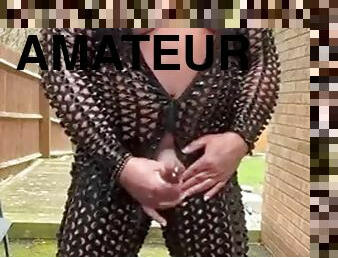 Amateur crossdresser Kellycd2022 sexy milf masturbates outdoors in pvc catsuit big cumshot in heels sissy