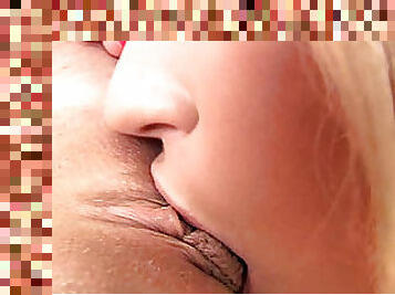 Close-up video of two blonde lesbians licking each others pussies
