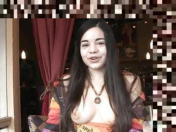 Pretty Brunette Teen with Her Big Natural Boobs Exposed in Restaurant