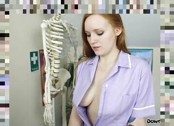 Beautiful nurse redhead flashes her tits at you