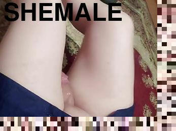 Part 2. Pre-cumming, cute shemale with cute legs, sexy hot ladyboy masturbates without hands