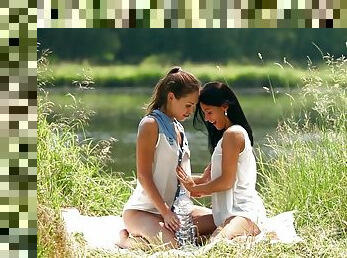 Stunning Jenny De Lugo and her friend enjoy masturbating outdoors