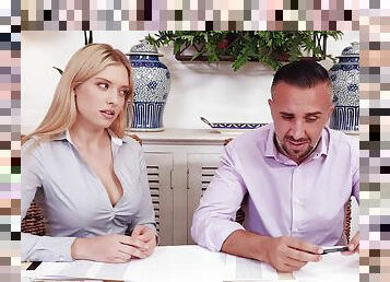 Giselle Palmer spreads her legs on a desk for a man's cock
