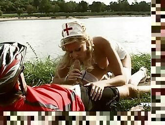 Hot sex in the ambulance with the slutty nurse Sandra Mark