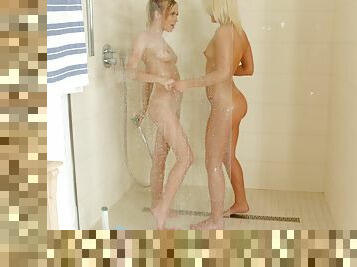 Blonde babe Cecilia Scott takes a shower with gorgeous Aislin