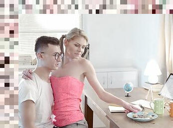 Two provocative blondes share the cock of a nerd guy