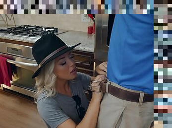 Daisy Haze adores hard fuck with a dude after a blowjob in the kitchen