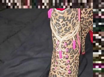 Cum all over Leopard Print High heel ankle boots!