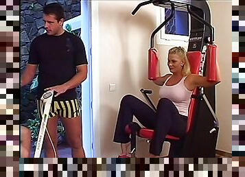 Two hot milfs in gym receive training fuck from lucky dude