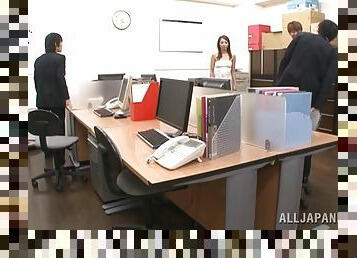 New Asian office girl has to jerk and suck all the guys