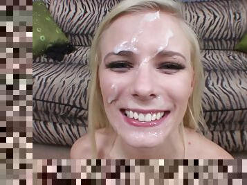 Elaina Raye sucks a hard prick and gets her face covered with cum