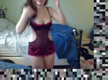 Cute curly brunette masturbates solo on webcam