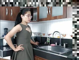 TS teen latina with Monster cock masturbates on the kitchen counter