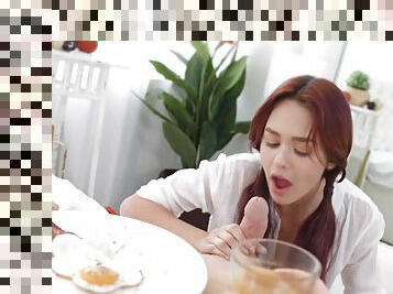Cutie serves cock at lunch and sperm for desert