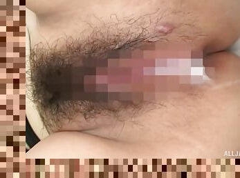 Closeup with her hairy cunt being jizzed after great Japanese sex