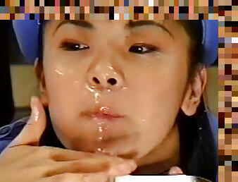 Kinky Japanese receives a facial and eats cum