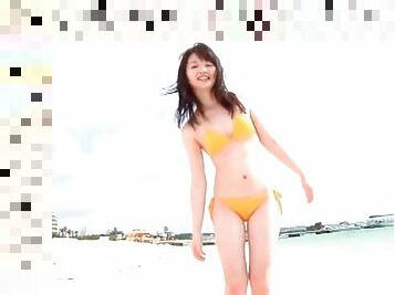 Yellow bikini is gorgeous on Japanese beach girl