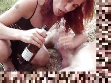Chick drinking and fucking outdoors