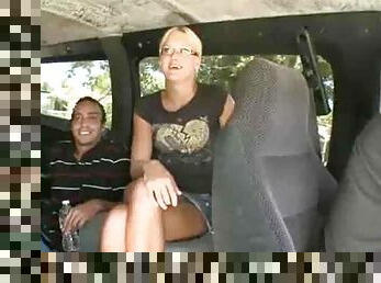 Cute blonde sucking big cock in the van