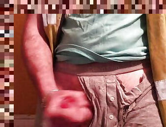 Uncut ginger tradie uses ripped underwear as cumrag