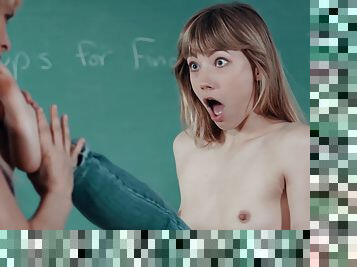 Ivy Wolf has to masturbate with a friend in the classroom
