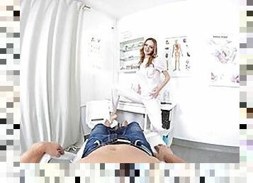 Blonde doctor strips and teases a clothed patient in POV