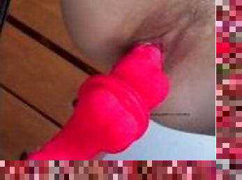 hairy simpqueen with braces riding dildo suction cupped to mirror