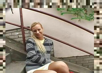 stonishing Blonde Teen Shows Her Natural Tits And Shaved Pussy In Public