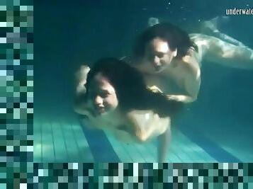 Underwater workout and fun with two beauties