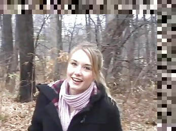 Skinny small tits teen flashes in the woods