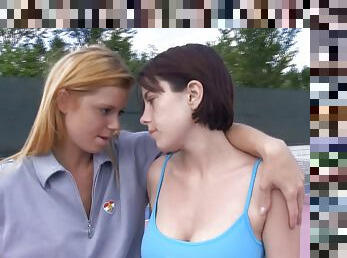 Two classy lesbian chicks stop playing tennis only to get wild