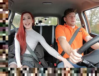 Small tits redhead Gigi Rouge moans while getting fucked in the car