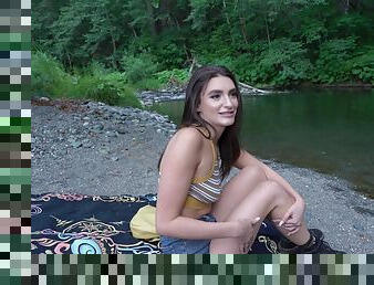 Brunette chick Mila Taylor sucks a dick and fucks by the river