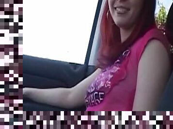 Delightful amateur redhead gives good road head in the car