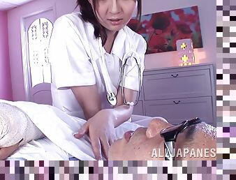 A talented Asian nurse buries her patient's cock in her pussy