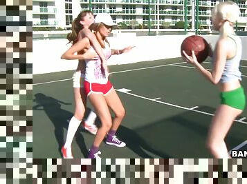 Three lesbian teens fuck after playing basketball