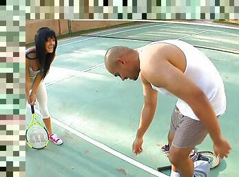 Sadie West sucks a big black cock on the tennis court