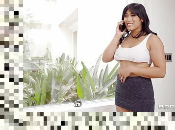 Mia Li teases a guy while wearing a tight miniskirt