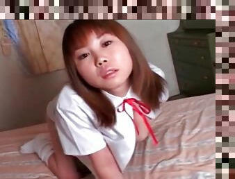 Schoolgirl strips out of white panties to play solo