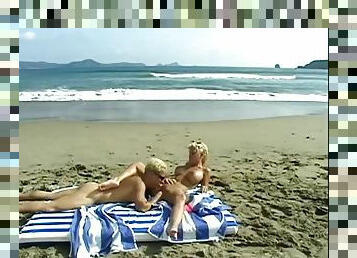 Busty blonde got her booty smashed on the beach and ate some cum afterward