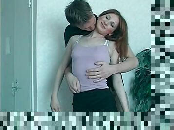 Redhead teen babe with natural tits rides a young rod
