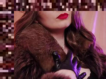 Mistress ASMR: fur fetish, clown erotic moves and leather gloves close-up Arya Grander