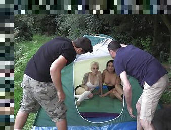 Short haired Mila Milan gets fucked in her tent during a camping trip