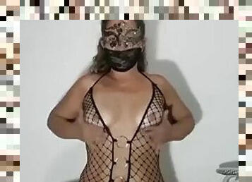 Little black dress and panties, fishnet overalls, striptease