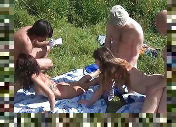 Hardcore outdoor orgy with slender beauties
