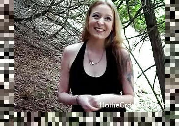 Out for a walk in the forest this girl gets on her knees and sucks dick